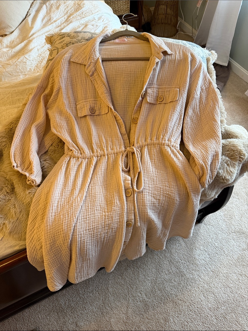 Light Beige Gauze Button-Front Drawstring Dress
